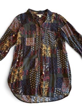 Boho Patchwork Button Down Rayon Top Size Small Khakis & Co